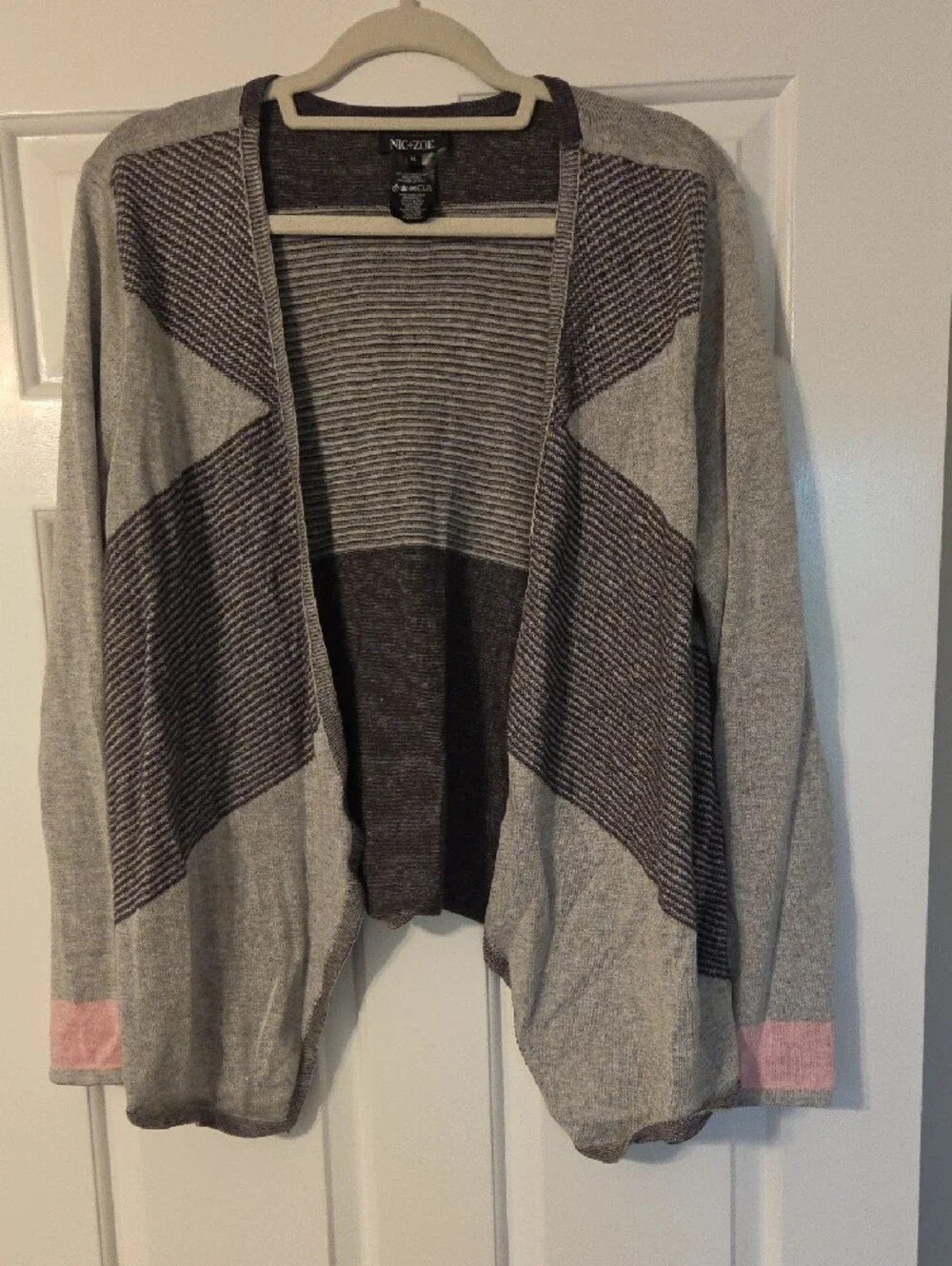 Nic + Zoe Gray & Charcoal Striped Open Cardigan with Pink Cuff Detail